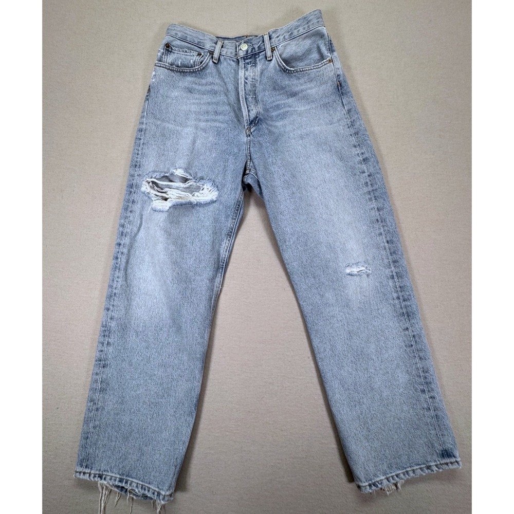 AGOLDE‎ High Rise Straight Leg Distressed Jeans Light Wash Blue Button Fly Denim